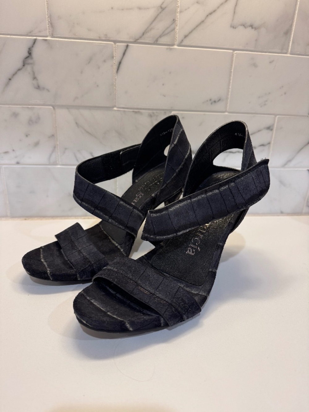 Pedro Garcia Black Croc Embossed Suede Crossover Strap Heeled Sandals